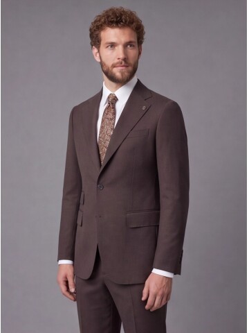 Koyu Kahverengi Slim Fit Mono Yaka 2 Düğmeli Takım Elbise