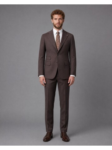 Koyu Kahverengi Slim Fit Mono Yaka 2 Düğmeli Takım Elbise
