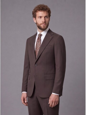 Koyu Kahverengi Slim Fit Mono Yaka 2 Düğmeli Takım Elbise