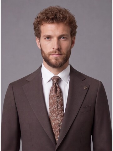 Koyu Kahverengi Slim Fit Mono Yaka 2 Düğmeli Takım Elbise