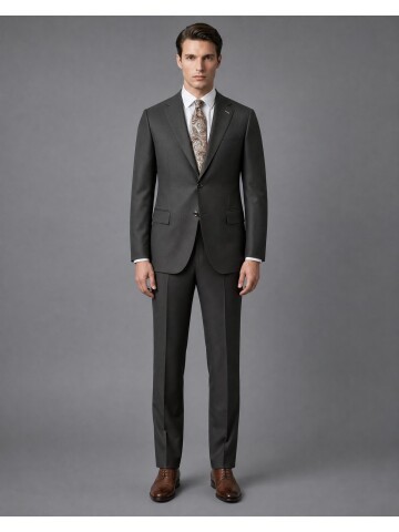 Dark Brown Wool Regular Fit 2-Button Suit with Stand Collar