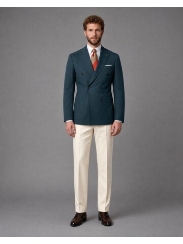 Koyu Yeşil Kruvaze Ceket Bej Pantolon Kombinli Slim Fit Takım Elbise