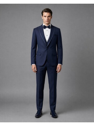 Navy Blue Peak Lapel Slim Fit Single-Button Grooms Suit
