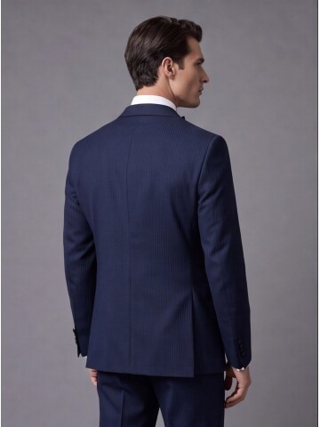 Lacivert Çizgili Slim Fit Kruvaze Damatlık