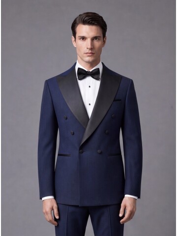 Lacivert Çizgili Slim Fit Kruvaze Damatlık