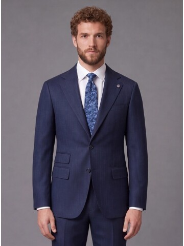 Lacivert Çizgili Slim Fit Mono Yaka 2 Düğmeli Takım Elbise