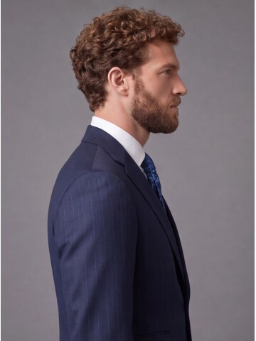 Lacivert Çizgili Slim Fit Mono Yaka 2 Düğmeli Takım Elbise