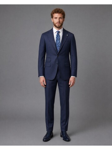 Lacivert Çizgili Slim Fit Mono Yaka 2 Düğmeli Takım Elbise