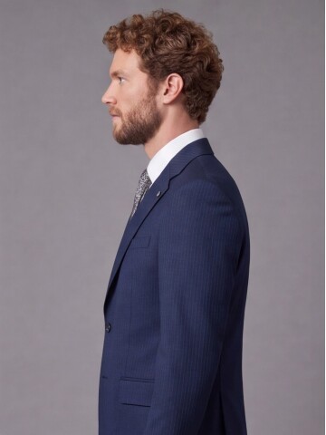 Lacivert Çizgili Slim Fit Mono Yaka 2 Düğmeli Takım Elbise
