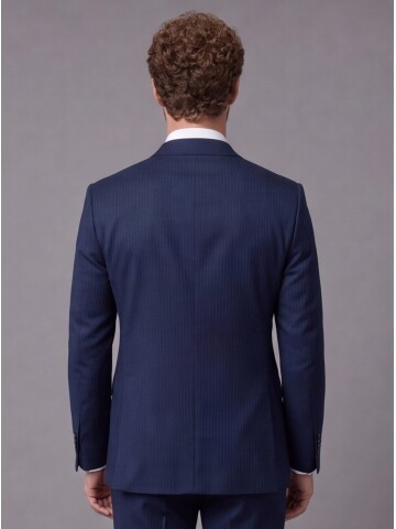 Lacivert Çizgili Slim Fit Mono Yaka 2 Düğmeli Takım Elbise
