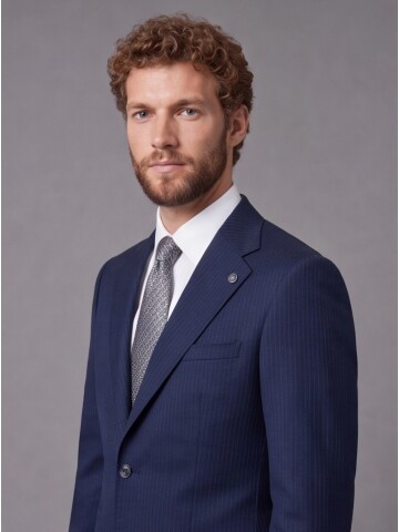 Lacivert Çizgili Slim Fit Mono Yaka 2 Düğmeli Takım Elbise