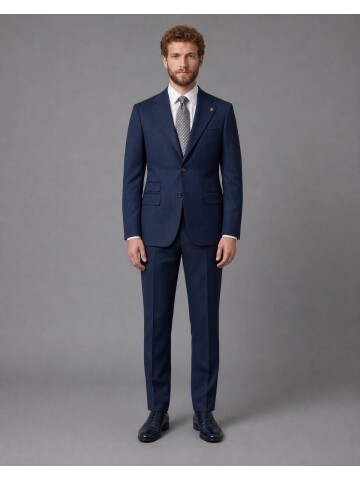 Lacivert Çizgili Slim Fit Mono Yaka 2 Düğmeli Takım Elbise