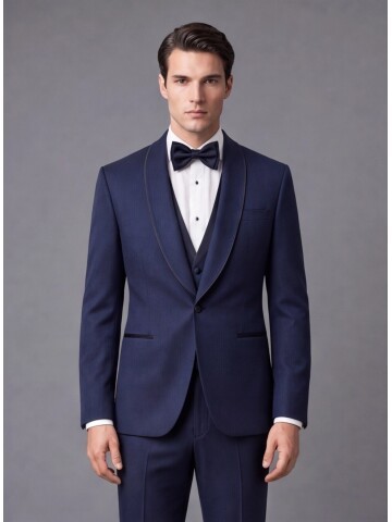 Lacivert Çizgili Slim Fit Şal Yaka Tek Düğme Damatlık