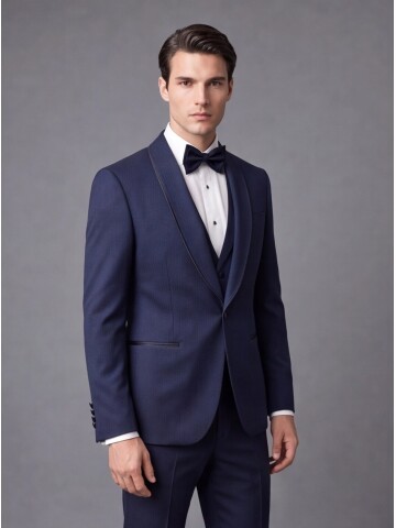 Lacivert Çizgili Slim Fit Şal Yaka Tek Düğme Damatlık