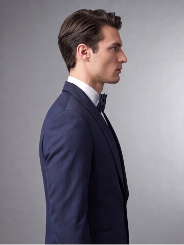 Lacivert Çizgili Slim Fit Şal Yaka Tek Düğme Damatlık