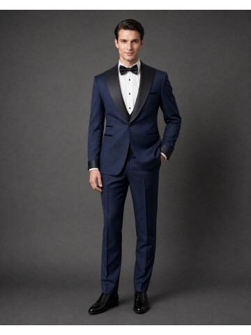 Lacivert Çizgili Slim Fit Sivri Yaka Tek Düğme Damatlık