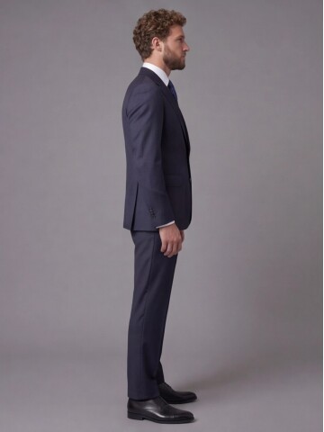 Lacivert Çizgili Yünlü Mono Yaka Comfort Fit Takım Elbise