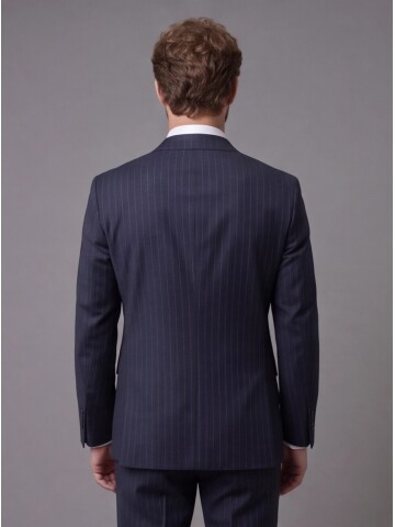 Lacivert Çizgili Yünlü Mono Yaka Comfort Fit Takım Elbise