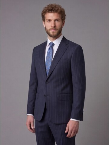 Lacivert Çizgili Yünlü Mono Yaka Comfort Fit Takım Elbise