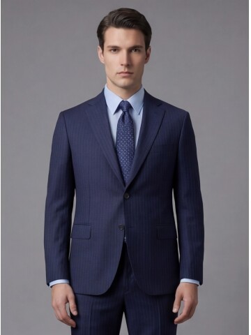 Lacivert Çizgili Yünlü Mono Yaka Regular Fit 2 Düğme Takım Elbise