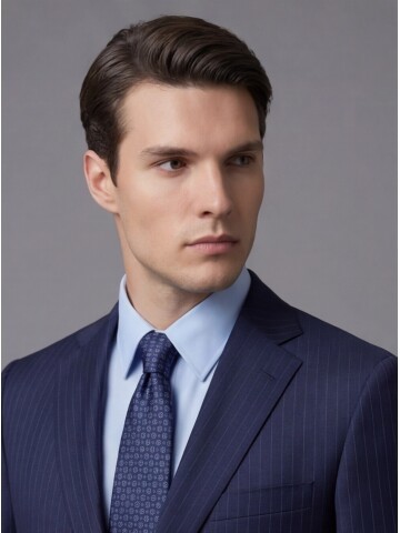 Lacivert Çizgili Yünlü Mono Yaka Regular Fit 2 Düğme Takım Elbise