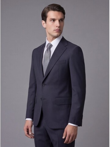 Lacivert Çizgili Yünlü Mono Yaka Regular Fit Takım Elbise