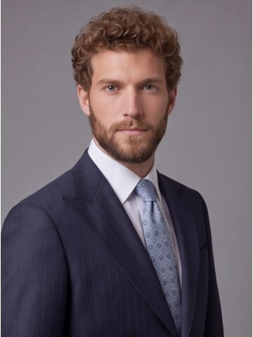 Lacivert Çizgili Yünlü Sivri Yaka Comfort Fit Takım Elbise