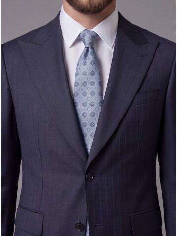 Lacivert Çizgili Yünlü Sivri Yaka Comfort Fit Takım Elbise