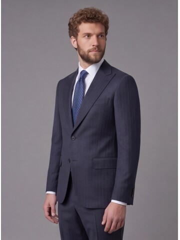 Lacivert Çizgili Yünlü Sivri Yaka Comfort Fit Takım Elbise