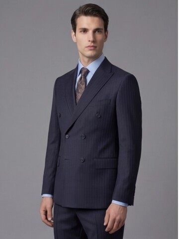 Lacivert Çizgili Yünlü Sivri Yaka Kruvaze Regular Fit 6 Düğme Takım Elbise