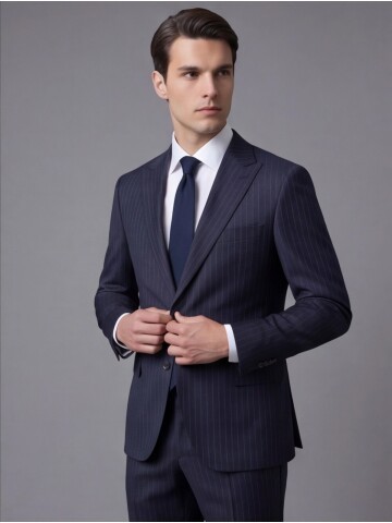 Lacivert Çizgili Yünlü Sivri Yaka Regular Fit Takım Elbise