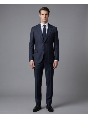 Lacivert Çizgili Yünlü Sivri Yaka Regular Fit Takım Elbise