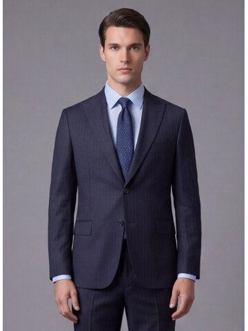 Lacivert Çizgili Yünlü Sivri Yaka Regular Fit Takım Elbise