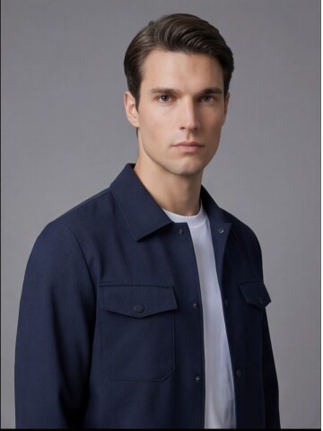 Navy Blue Comfort Fit Shirt Collar Safari Pocket Sporty Suit