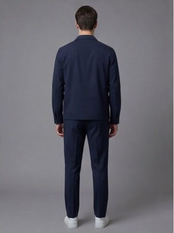 Navy Blue Comfort Fit Shirt Collar Safari Pocket Sporty Suit