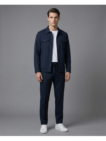 Navy Blue Comfort Fit Shirt Collar Safari Pocket Sporty Suit