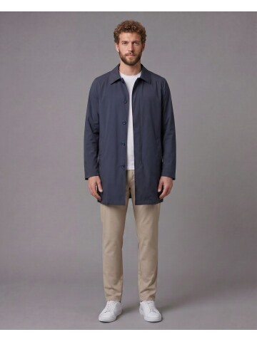 Lacivert Gömlek Yaka Beş Düğmeli Comfort Fit Tam Astarlı Yağmurluk