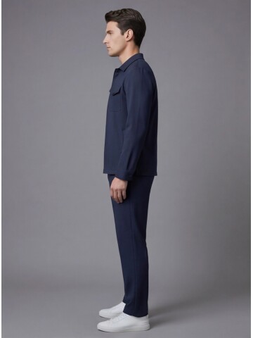 Lacivert Gömlek Yaka Safari Cep Comfort Fit Spor Takım