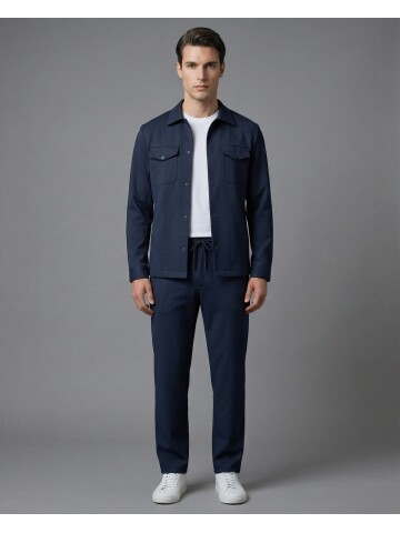 Lacivert Gömlek Yaka Safari Cep Comfort Fit Spor Takım