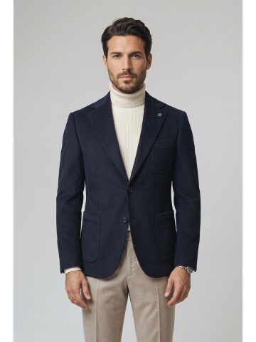 Lacivert Kadife Mono Yaka Slim Fit Ceket