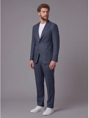 Lacivert Keten Sivri Yaka Comfort Fit Torba Cep 2 Düğme Takım Elbise