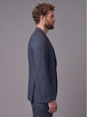 Lacivert Keten Sivri Yaka Comfort Fit Torba Cep 2 Düğme Takım Elbise