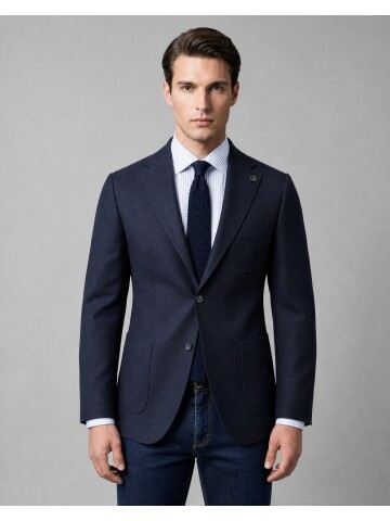 Navy Blue Notch Lapel Pleated Patch Pocket Blazer