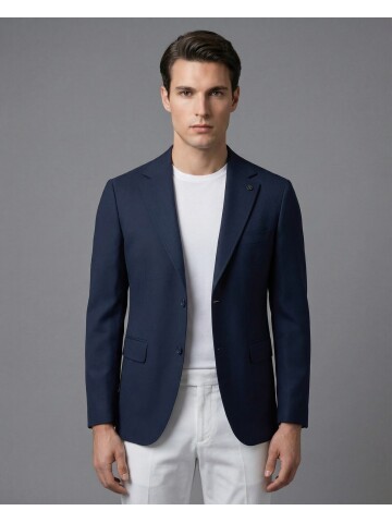 Navy Blue Regular Fit Notch Lapel Two-Button Flap Pocket Blazer