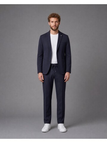 Navy Blue Mono-Neck Suit with Patch Pockets