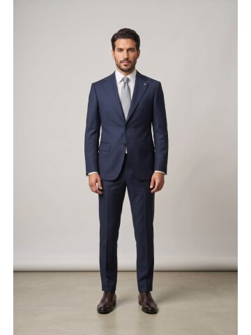 Navy Blue Notch Lapel Woolen 2 Button Comfort Fit Suit