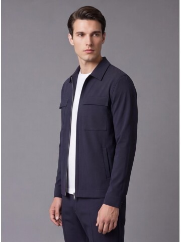Navy Blue Zippered Safari Pocket Comfort Fit Casual Suit