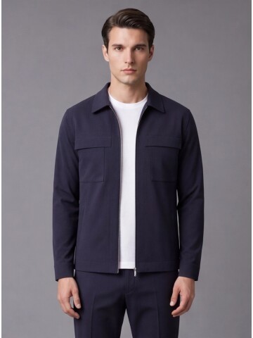 Navy Blue Zippered Safari Pocket Comfort Fit Casual Suit