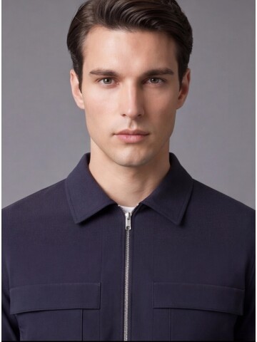 Navy Blue Zippered Safari Pocket Comfort Fit Casual Suit