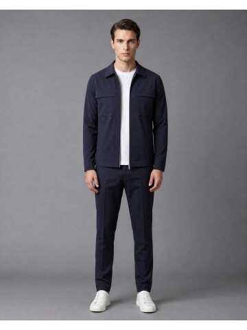 Navy Blue Zippered Safari Pocket Comfort Fit Casual Suit
